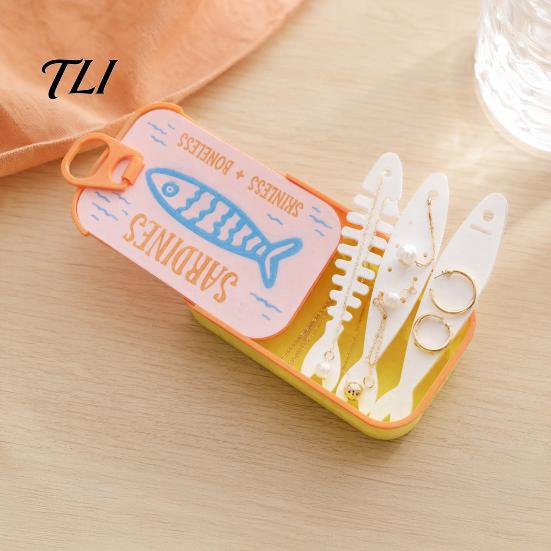 Whimsical Jewelry Container Sardine Tin Box with Fishbone, PLA Vintage Compact Size Ring Storage Organizer, Portable Case for Earrings Necklaces Rings