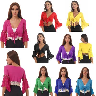 Женский укороченный топ для танца живота с кружевом в стиле пэчворк, расклешенные рукава 3/4, расклешенный кардиган с бусинами и кисточками на шнуровке