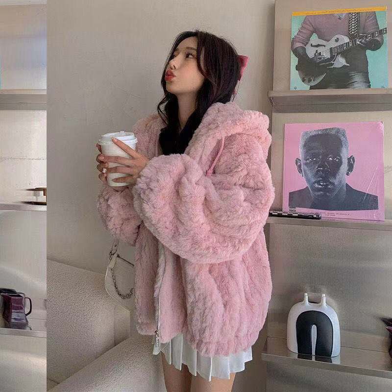 Искусственный мех осень и зима новое пальто женское имитация розового кролика мех с капюшоном тканый утолщенный свободный женская одежда верхняя одежда