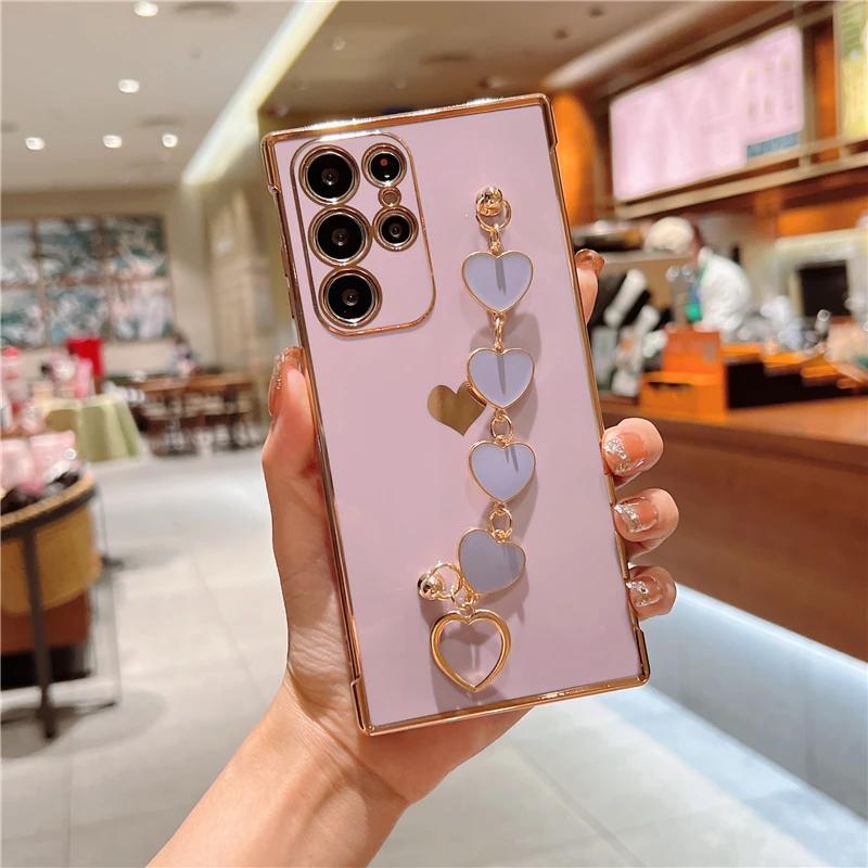 For Plating Bracelet Case Silicone Samsung Galaxy S25 S24 S22 S23 S21 Ultra Plus Fe A55 A54 A53 A52 5g Shockproof Armor Covers