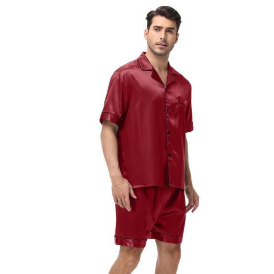 2Pcs/Set Men Pajamas Set Lapel Short Sleeve Single Breasted Tops Elastic Waist Shorts Set Solid Color Satin Sleepwear