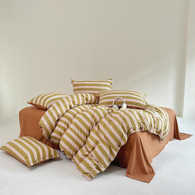 Stripe Bedding Set Plaid Duvet Cover 100% Washed Cotton 4pcs Bedding for Winter Bed with Sheet Pillowcases Home Textiles