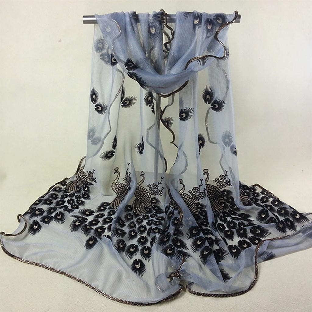 Женский кружевной шарф с вышитым цветком павлина, длинный мягкий платок с запахом