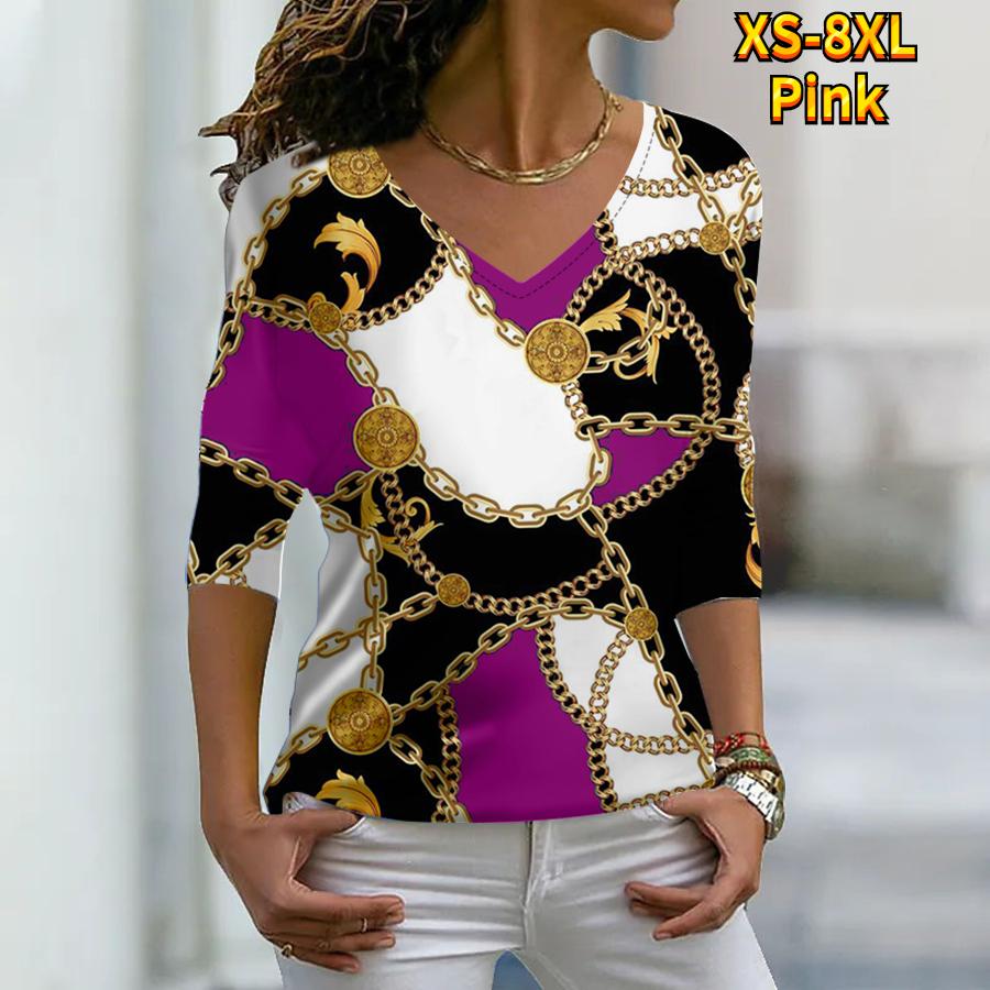 Женские осенние футболки с длинными рукавами с цветочным принтом и золотой цепочкой, свободные футболки с v-образным вырезом, большие размеры, топы, удобная блузка