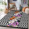 Black White Zigzag Floral Area Rug Purple Orange Lily Botanical Pattern Modern Chevron Decorative Runner Tropical Style Home