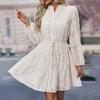 Fall Spring Women Dress Round Neck Lace Applique Long Sleeves Button-down Lace-up