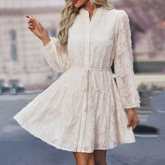 Fall Spring Women Dress Round Neck Lace Applique Long Sleeves Button-down Lace-up Strap Slim Waist A-line Big Hem Dating Party Midi Dress