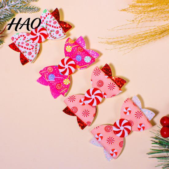 Christmas Bow Hair Clips Candies Clip for Women Girls, Sweet Glitter Hairpins, Artificial Leather Sparkly Clip, Cute Pink Accessories Holiday