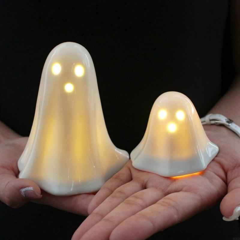 62KD 2Pcs LED Lighted Ceramics Specters Ghostly Figurine Sculpture Creative Table Centerpieces Glowing Lamp Halloween Decors