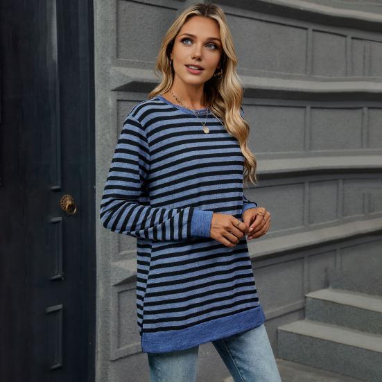 Женские топы с круглым вырезом, длинными рукавами, полосатым принтом, футболка с боковыми разрезами, средней длины, свободный крой, эластичная футболка