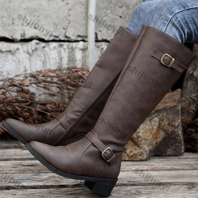 Модные женские длинные сапоги на толстом каблуке Осень Зима Кожа PU Сапоги до середины икры Женские модные сапоги с ремешком с пряжкой на молнии сбоку Мотоциклетные сапоги