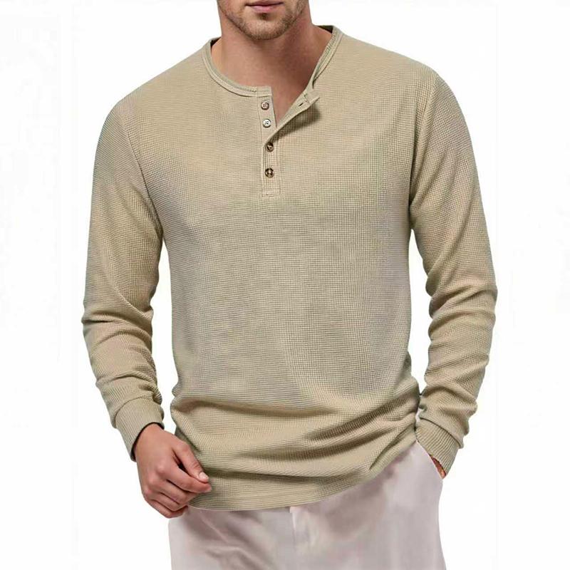 Мужская футболка-henley из вафельного трикотажа, базовая, дышащая, с длинным рукавом, весенне-осенняя, повседневная, однотонная, с пуговицами