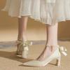 Woman Footwear Beige Pearl Wedding Bride Shoe High Heels Pointed Toe Block Heel Shoes for Women Non Slip Fashion  High Heels
