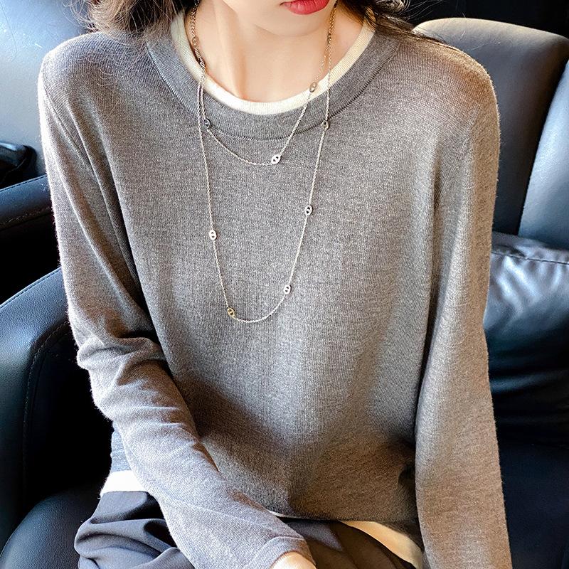 Color-blocking Round Neck Base Shirt for Women Loose Long-sleeved Spring New Worsted Wool Fake Two-piece Knitted Sweater