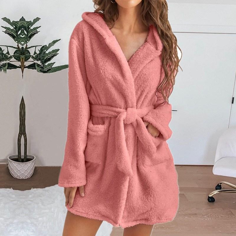 Autumn Winter Women Bath Robe Fluffy Plush Pyjamas Ladies Sexy Hooded Dressing Solid Color Gown Warm Bathrobe Female Loungewear