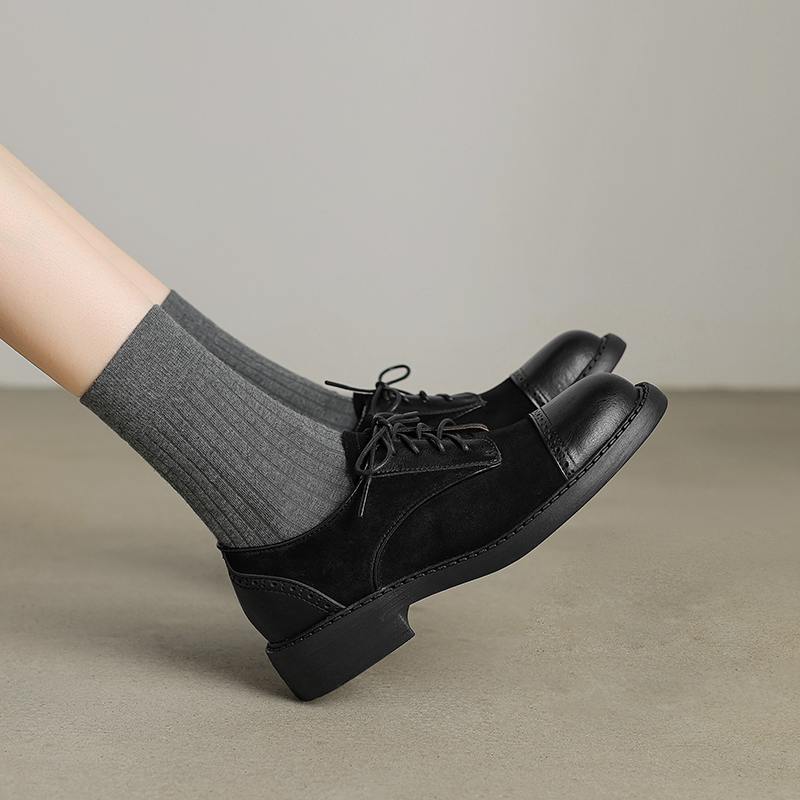 Krazing Pot Cow Skin Nubuck Spring Summer Size 40 Loafers Thick Med Heels Lace Up Women Round Toe Leisure Pumps