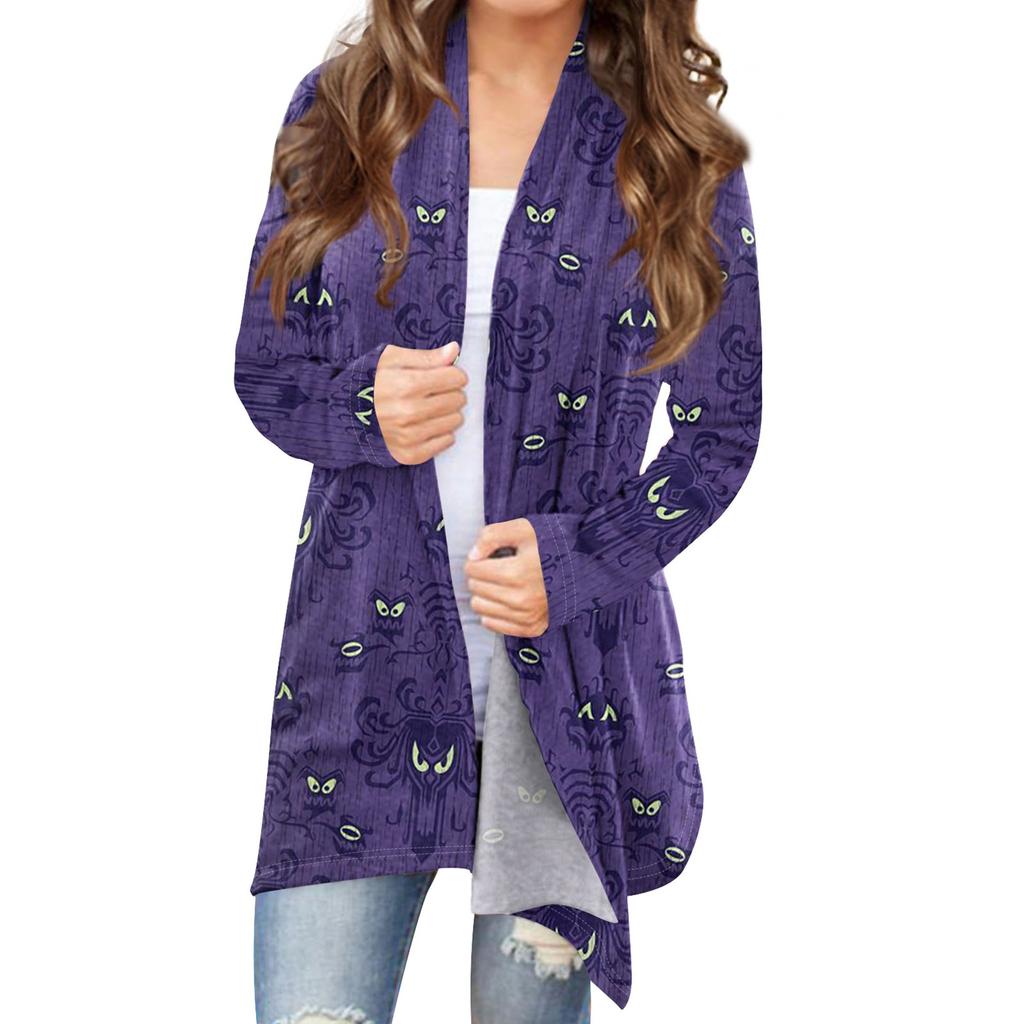 Женский модный повседневный кардиган средней длины с принтом на Хэллоуин, куртка, пальто