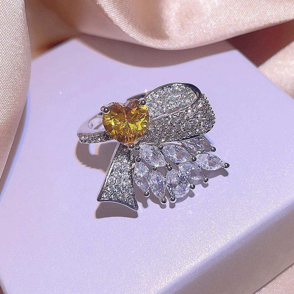 Deluxe Women's Jewelry Three-piece Set with Yellow Love Zircon Bow Ring Earrings Necklace