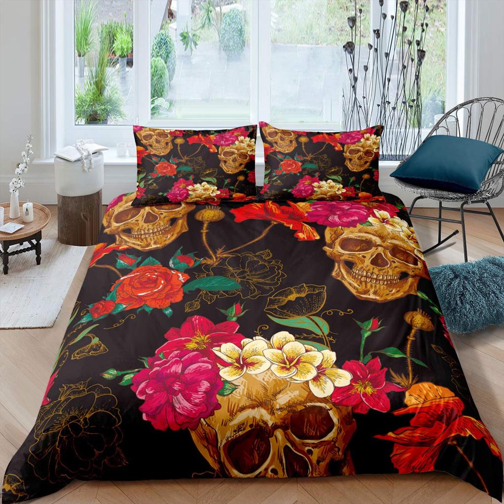 Yellow Sugar Skull Print Home Bedding Sets Duvet Cover Pillowcase Microfiber King Queen Double Twin Polyester Comforter Cover