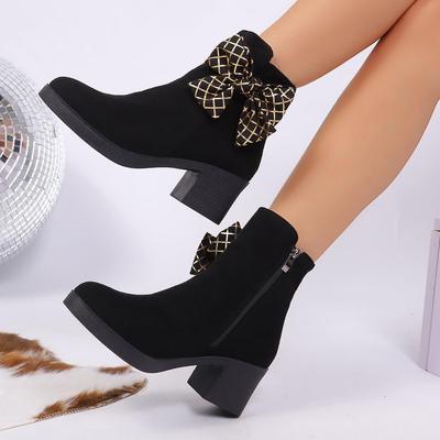 Женские черные замшевые клетчатые ботильоны с массивным средним каблуком и боковой молнией для осени/зимы