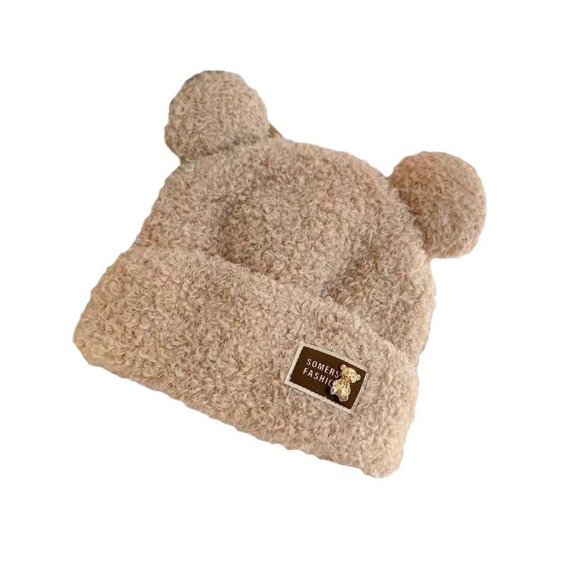 Зимняя милая мультяшная шапка с медвежьими ушками из шерсти женская теплая плюшевая утолщенная защита для ушей студенческая вязаная шапка