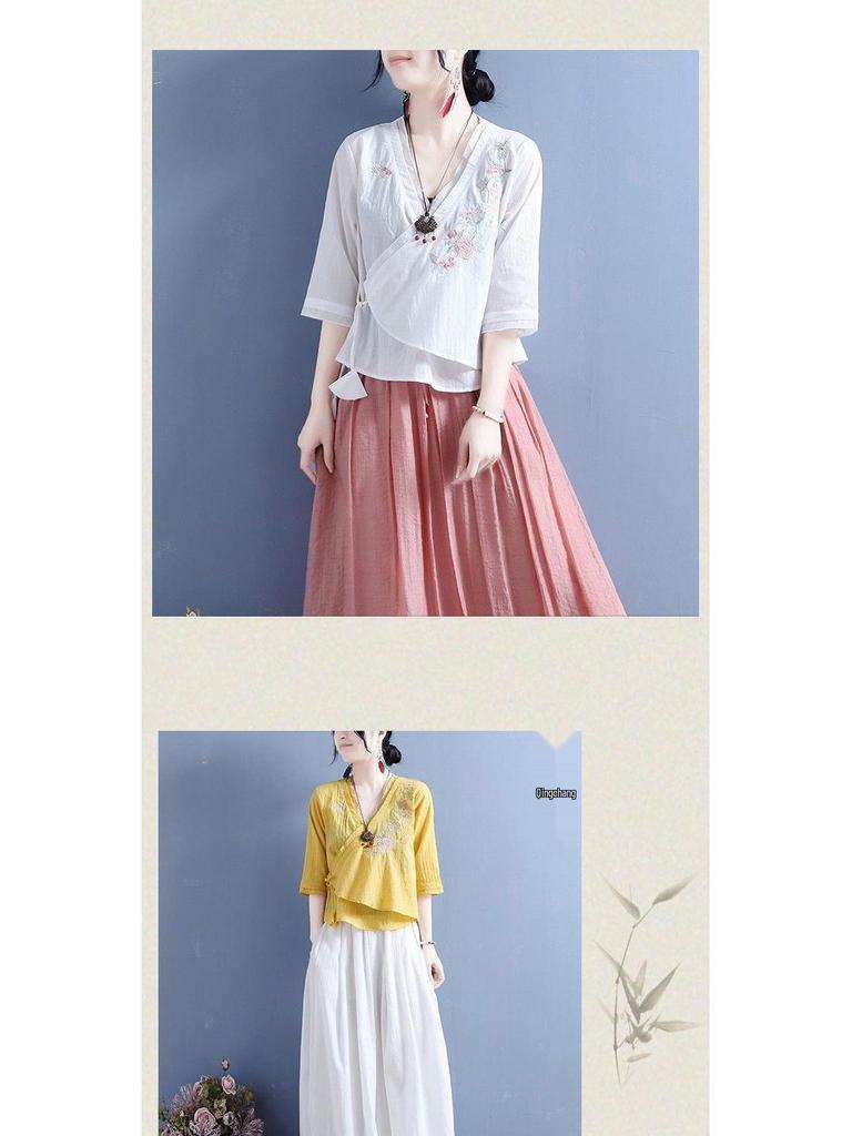 2024 Women's Chinese Style Zen Cotton-Linen Embroidered Slant-Breasted Mid-Sleeve Lace-Up Top