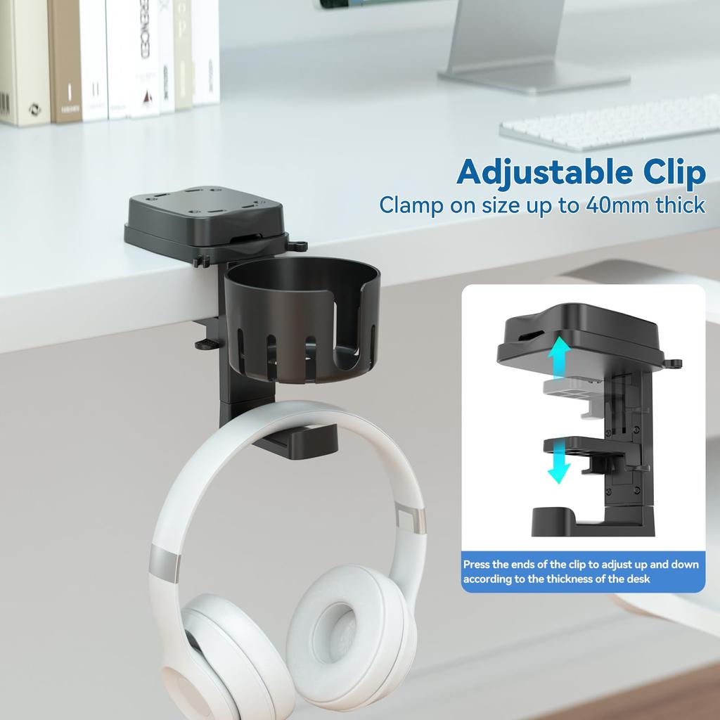 KDD Подставка для наушников и подстаканник, Съемный вращающийся на 360° держатель для наушников со стойкой для кабелей и хранилищем, 2 кабельных зажима - Подстаканник для стола,
