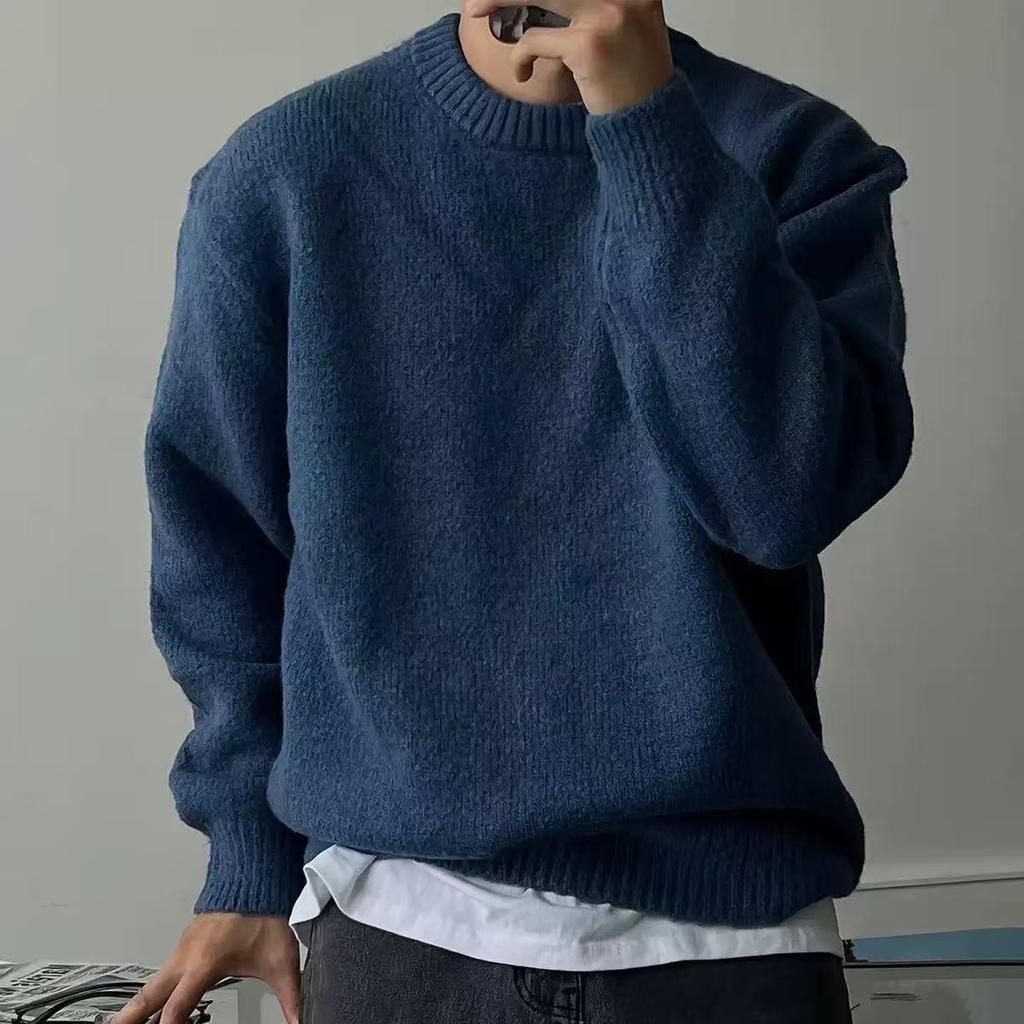 Men's Solid Color Round Neck Knit Sweater - Drop Shoulder, Warm, Versatile, Lazy Style, Thickened Outerwear for Spring and Autumn.