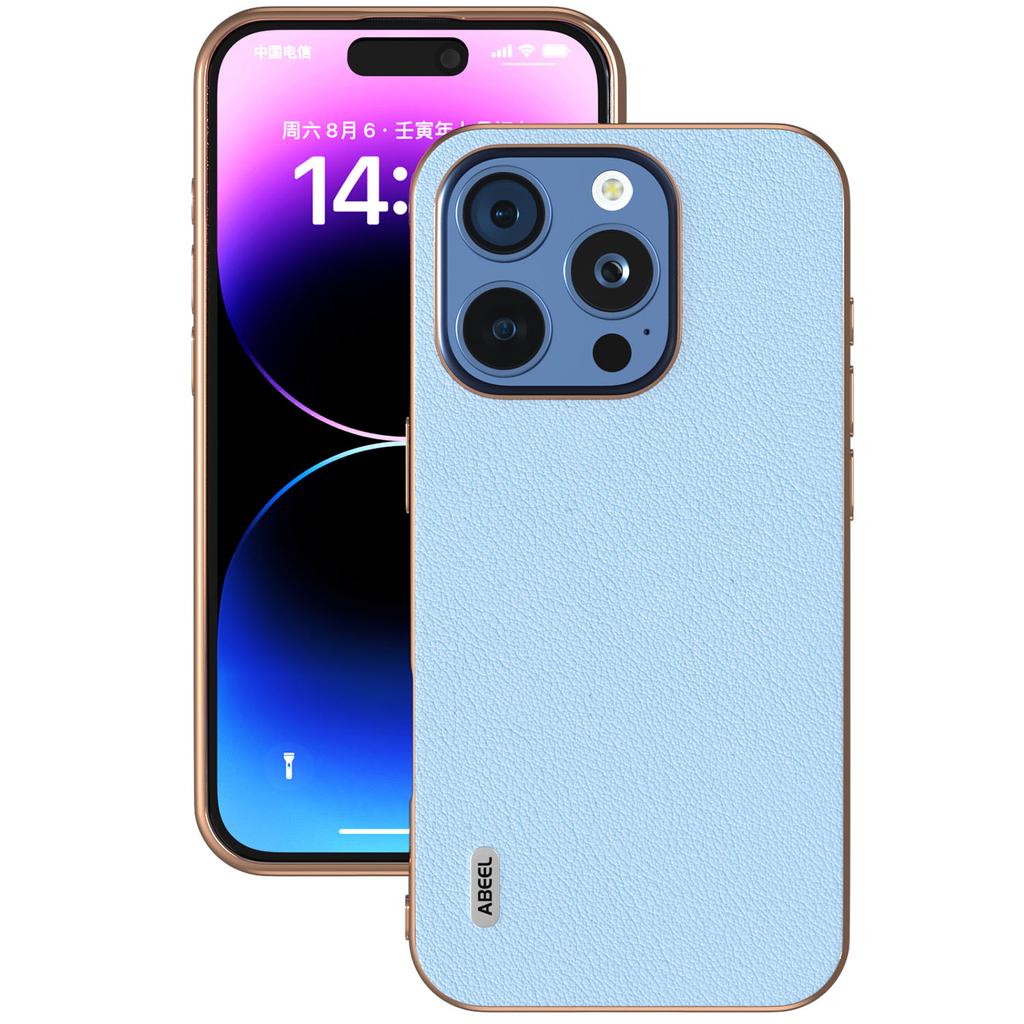 ABEEL For iPhone 16 Pro Case Electroplating Edge Genuine Cow Leather+PC+TPU Phone Cover