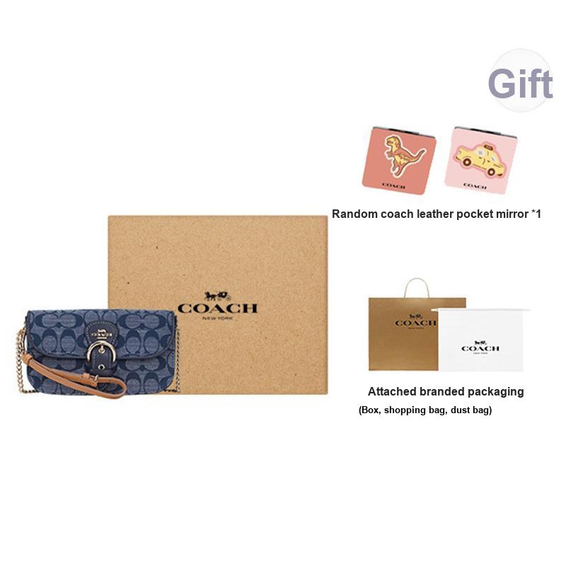 Coach Kleo Series 19 Chambray Monogram Saddle Flap Leather Shoulder Bag Women shoulder bag Denim-Blue C8304-IMDEI
