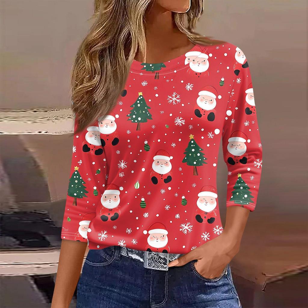 Women's T Shirt Christmas Print 3/4 Sleeve Daily Weekend Fashion Basic Round Neck Regular Top