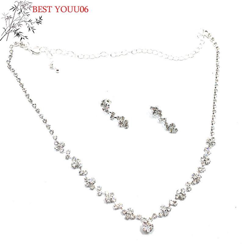Hot 1set Shining Silver Bridesmaid Crystal Necklace Earrings Set Wedding Bridal Jewelry