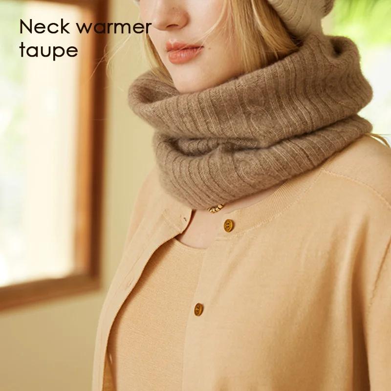 Women 100% Cashmere Tube Scarf Cable Knit Neck Warmer Ring Double Faced Thick Cap Reversible Knitted Beanies Winter 2-Pcs Set