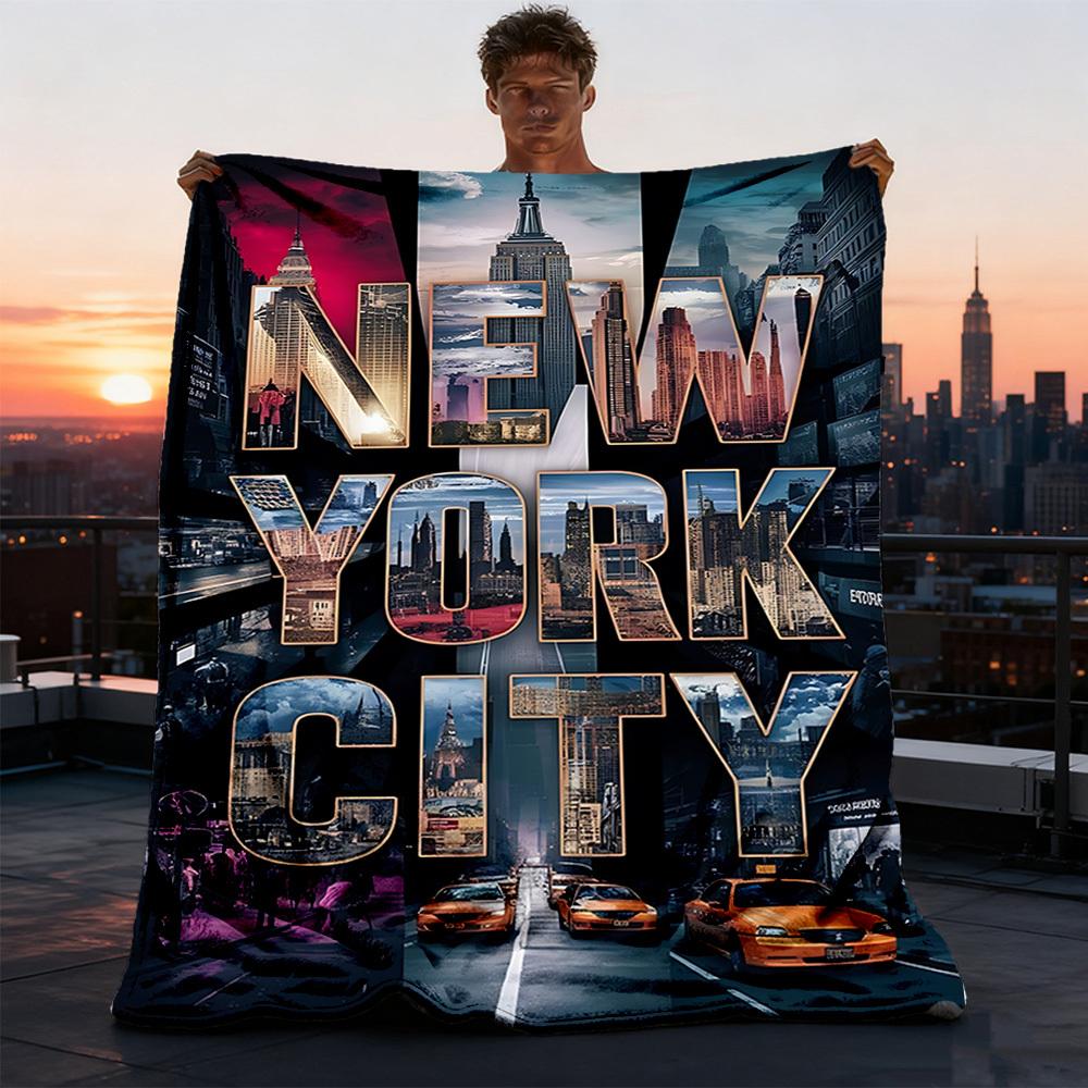 1pc New York City skyline Outdoor Flannel Blanket Soft All Season Polyester Throw , Perfect for Picnics & Travel , Picnic Accessory
