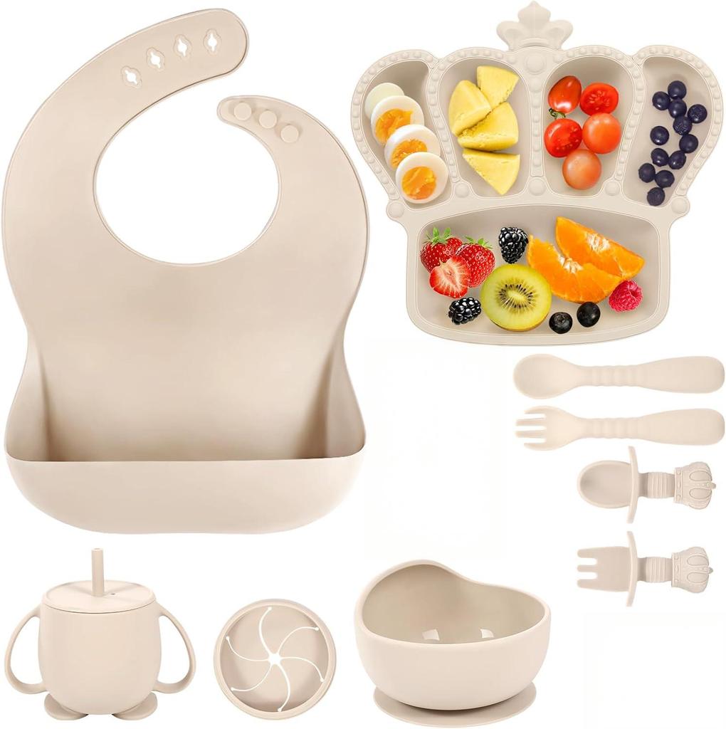 9-Piece Baby Feeding Set, Silicone, Beige, Easy to Clean