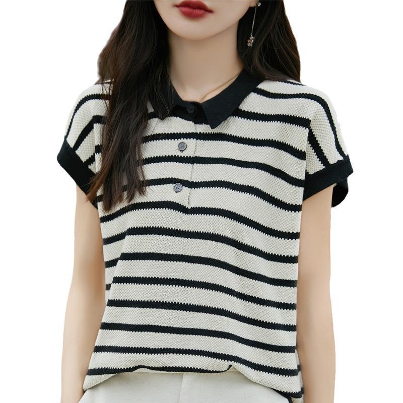 POLO Collar Pure Cotton Knitted Short-sleeved Women's Summer Fashion Versatile Striped T-shirt Sweat-absorbing Base Shirt Top