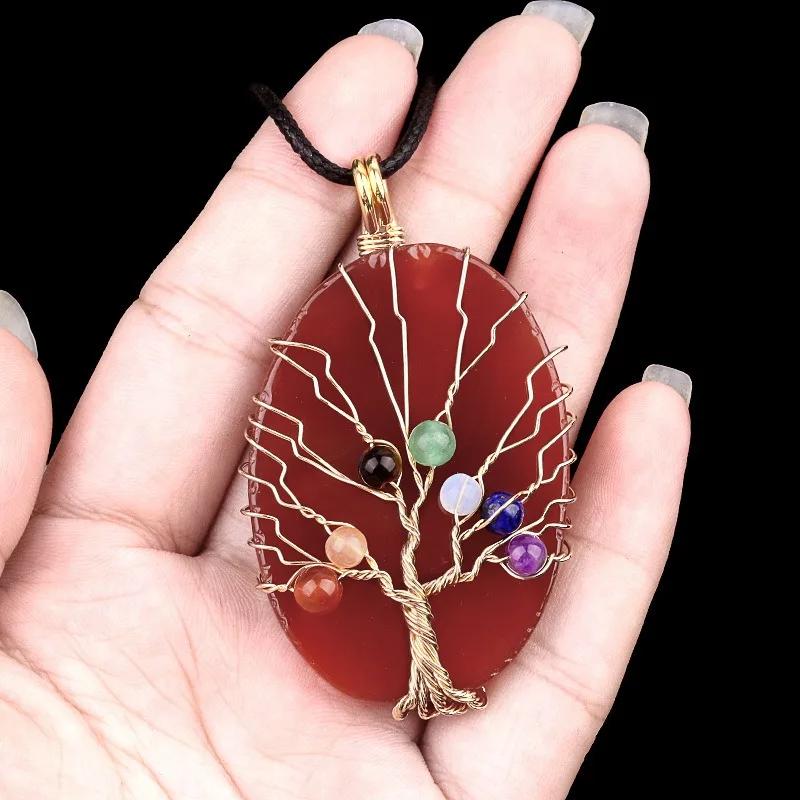 Natural Agate Stone Life of Tree Pendant Necklace Rough Wire Winding Pendant Sweater Chain Jewelry Women's for Necklace 7 Chakra