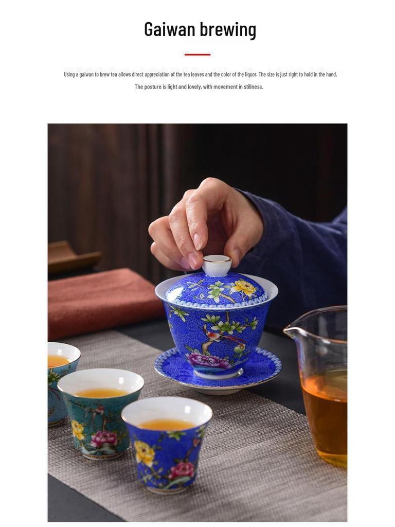 Court Style Cloisonné Enamel Sancai Gaiwan Ceramic Kung Fu Tea Set with Handmade Filigree Pahua Brewing Bowl