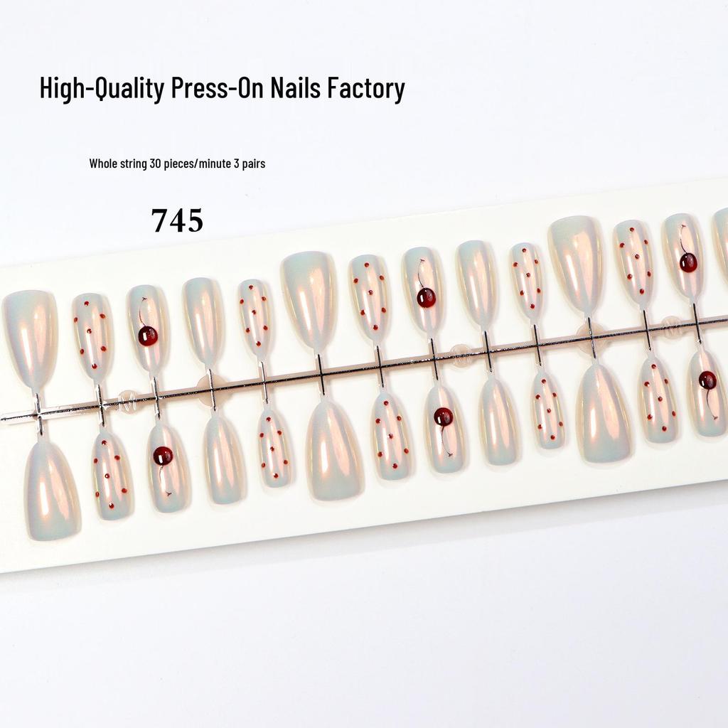 French White Moonlight Cat Eye Press-on Nails: High-End Gradient Cherry Milk Tea Nail Art Tips