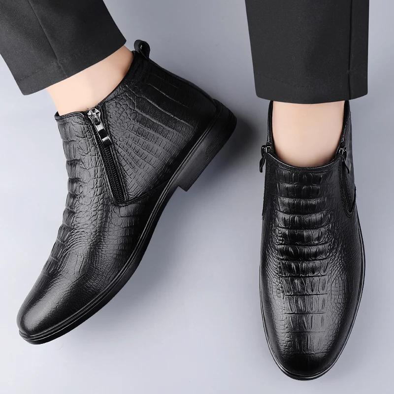 Мода 2024 года, зимние хиты продаж, мужские ботинки из натуральной кожи, простые ботильоны, мужские банкетные формальные короткие ботинки, теплые плюшевые повседневные ботинки