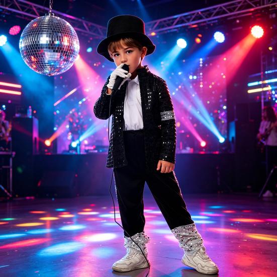 Yousheng Musician Halloween Costume Set for Kids, Black Sequin Jacket, Trousers, Hat, Gloves, 80s 90s Retro Stage Outfits for Disco Party, Fancy Dress