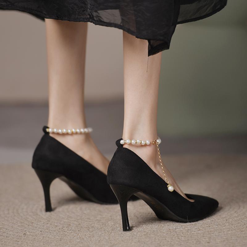 Fashion Stiletto Single Shoes Autumn New Pointed Toe Shallow Mouth Beaded One Strap Anti-Slip Wear-Resistant High Heels