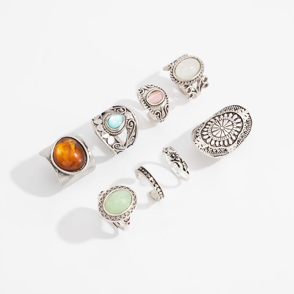 8Pcs/Set Carved Wide Band Stackable Rings Antique Silver Tone Carved Pattern Rings Daily Match