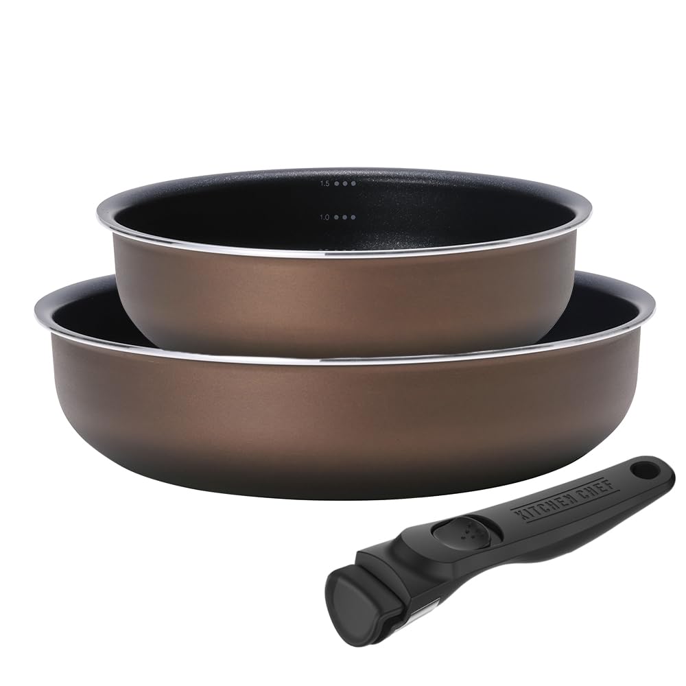 Iris Ohyama Frying Pan Set 3 Pieces IH Gas Fire Deep Diamond Coated Scale Oven Cooking Detachable Handle Chestnut Brown Easy To Clean Deep Plus Series