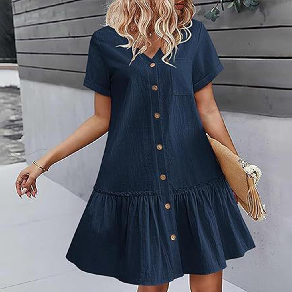 Женское повседневное однотонное свободное платье с v-образным вырезом и пуговицами с короткими рукавами и рюшами по подолу