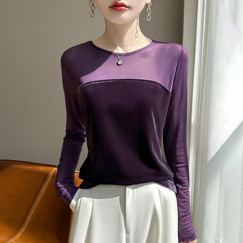 2025 Women's Slim Fit Round Neck Mesh Patchwork Long Sleeve Sweater for Autumn and Winter