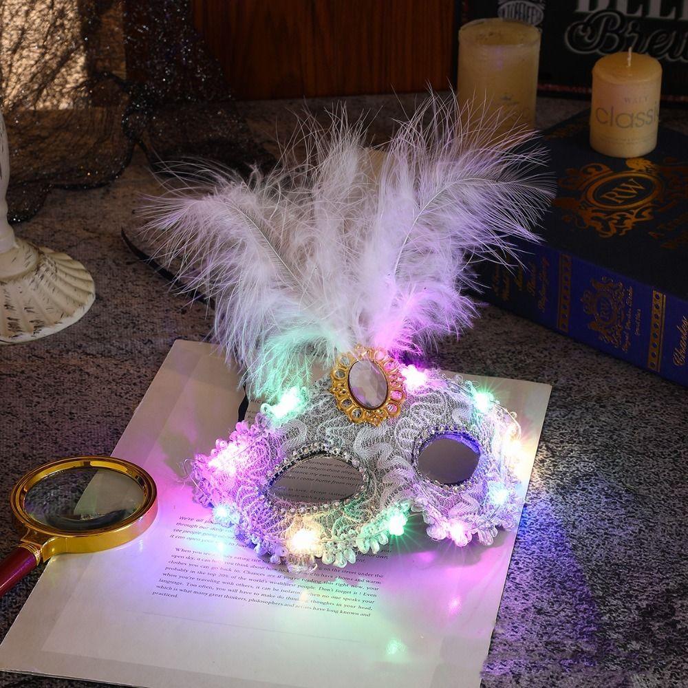 Rhinestone LED Glowing Mask Plastic Venice Masquerade Mask Creative Feather Mask  Halloween