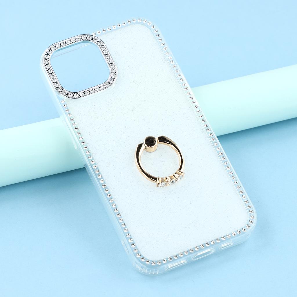 For iPhone 14/13 Case with Ring Kickstand Rhinestone Edge TPU+PC IMD Phone Cover
