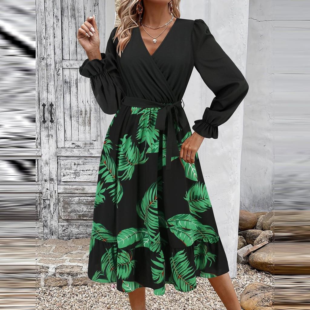 Женское платье с V-образным вырезом, длинными рукавами, принтом в стиле пэчворк, юбка средней длины А-силуэта