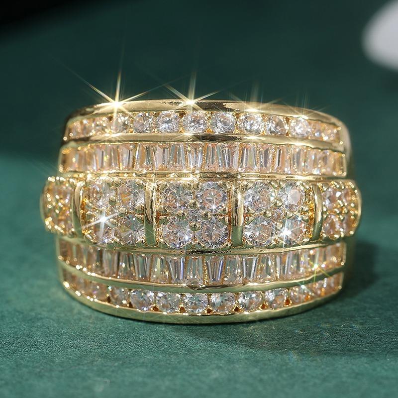 Exquisite Gold Color Inlaid White CZ Women's Ring Geometry Design Daily Wear Party Jewelry